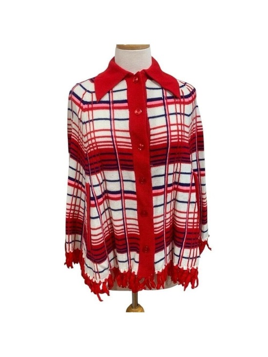 Tops - Vintage 70’s knit button up cape in multicolor plaid with fringe detail size S/M